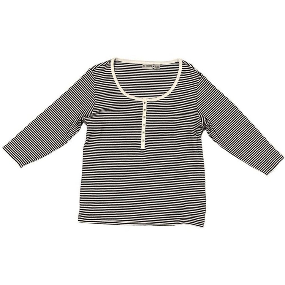Chicos Shirt Striped White Black Fall 3/4 Sleeves Casual Soft Round Neck Sz 3 L